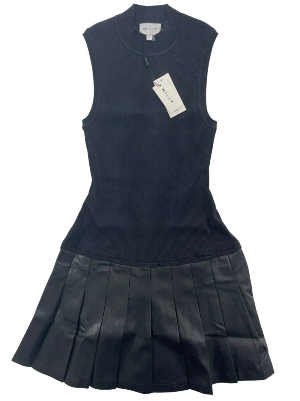 Milly Leather Pleated Skirt Knit Dress Sleeveless Black Size Small MSRP $365 NEW - Picture 1 of 11